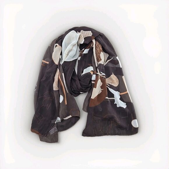 Salvatore Ferragamo Silk Long Rectangle Scarf Brown Floral Abstract 70" X 25"